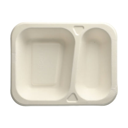The PAPSTAR 100 sealable sugarcane 2-compartment, white trays from PAPSTAR GmbH is a rectangular, white disposable dining bowl with two compartments - ideal for catering and take-away events - with one large and one small compartment.