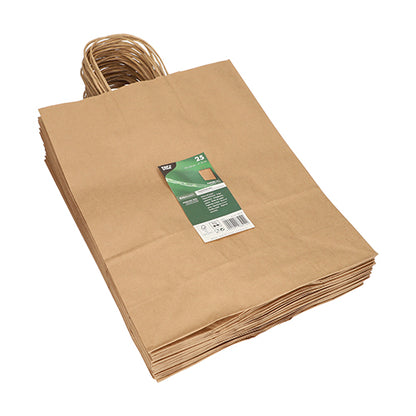 A stack of PAPSTAR 25 paper carrier bags with twisted handles from PAPSTAR GmbH is shown against a white background. The top bag has a green-white product label with text and barcode.