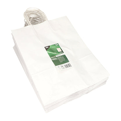 A stack of PAPSTAR 25 paper carrier bags with twisted handles from PAPSTAR GmbH is bundled. On the top bag, there is a green-white product label with information and a barcode.