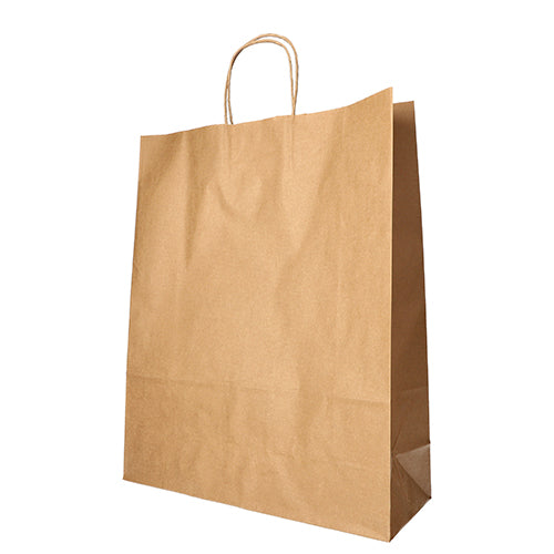 A PAPSTAR GmbH carrier bag made of paper with a twisted handle stands empty and unprinted upright against a white background – ideal for environmentally conscious carrier bag needs. Package: 25 pieces, Product name: PAPSTAR 25 carrier bags.