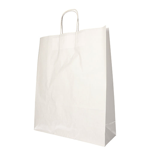 A PAPSTAR GmbH PAPSTAR 25 carrier bag made of eco-friendly paper with a twisted handle stands empty and slightly crumpled against a white background.