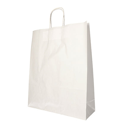 A PAPSTAR GmbH PAPSTAR 25 carrier bag made of eco-friendly paper with a twisted handle stands empty and slightly crumpled against a white background.