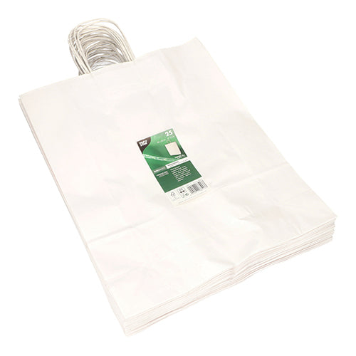 A stack of PAPSTAR 25 carrier bags made of paper with twisted handle from the brand PAPSTAR GmbH, neatly arranged, with a green-white product label on top and handles gathered together.