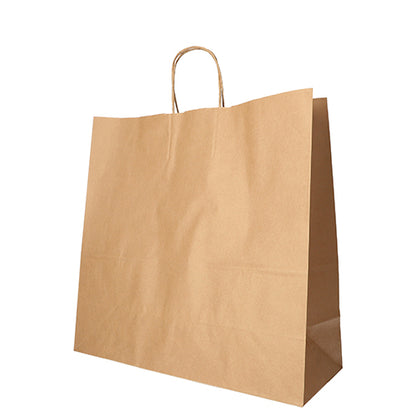 The PAPSTAR GmbH offers 25 eco-friendly brown paper carrier bags with twisted handles – the sustainable product stands upright against a white background.