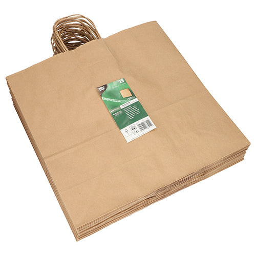 A stack of PAPSTAR 25 paper carrier bags with twisted handles from PAPSTAR GmbH lies flat, topped with a green-white label that identifies the eco-friendly bags.