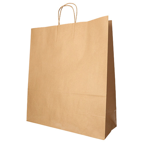 The PAPSTAR 25 carrier bags made of brown paper with twisted handle from PAPSTAR GmbH stand upright against a white background.