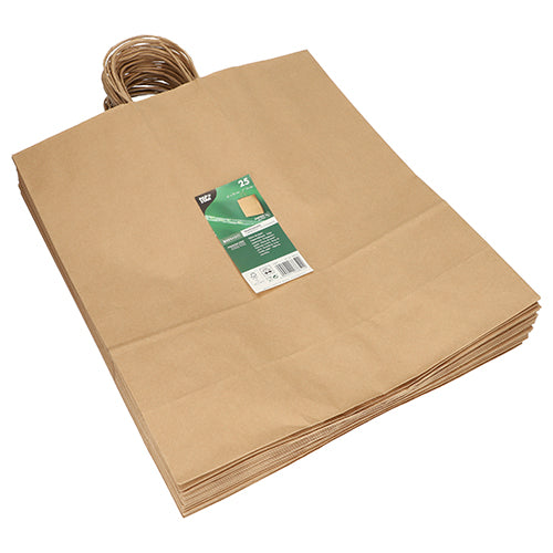 A bundle of PAPSTAR 25 carrier bags made of brown paper with twisted handle from PAPSTAR GmbH, bundled and labeled as a set with a green label.