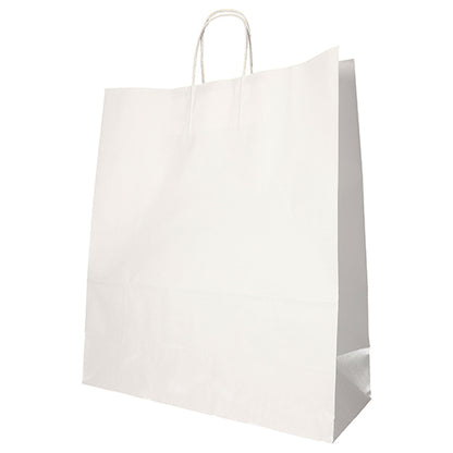The PAPSTAR 25 carrier bags from PAPSTAR GmbH are made from eco-friendly white paper and have a twisted handle. They stand upright against a white background.