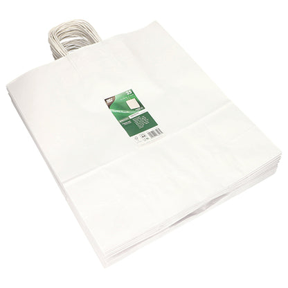 A stack of PAPSTAR 25 carrier bags made of paper with a twisted handle from PAPSTAR GmbH lies neatly on a white surface, equipped with a green-white product label.