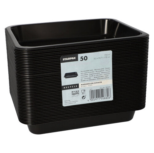 A stack of 50 black Starpak microwave dishes, PP, with a front label containing product information and a barcode. The dishes are microwave safe for easy heating.