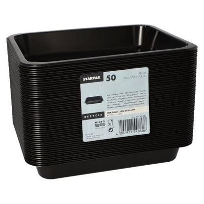 A stack of 50 black Starpak microwave dishes, PP, with a front label containing product information and a barcode. The dishes are microwave safe for easy heating.