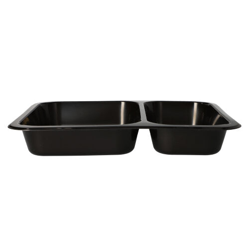 The Starpak 50 microwave trays, PP are black, rectangular food trays made of polypropylene with two compartments, ideal for use as reusable microwave dishes, depicted on a white background.