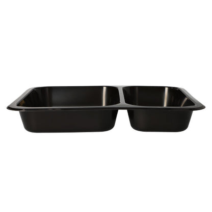 The Starpak 50 microwave trays, PP are black, rectangular food trays made of polypropylene with two compartments, ideal for use as reusable microwave dishes, depicted on a white background.