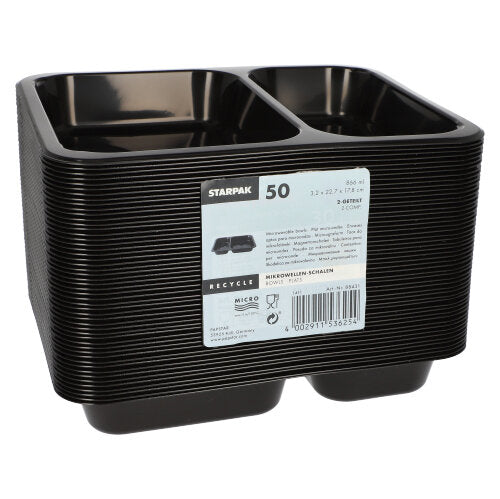 A stack of black rectangular Starpak 50 microwave trays, PP with a label indicating quantity, dimensions, recycling information, and reusability.