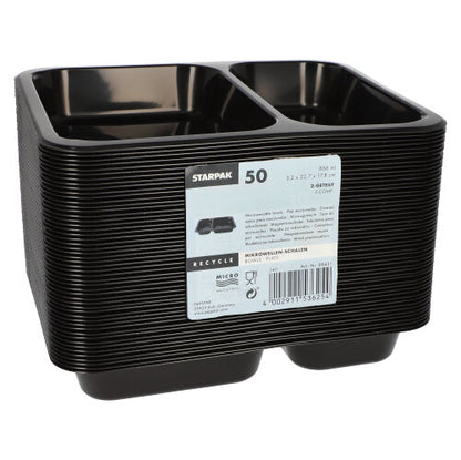 A stack of black rectangular Starpak 50 microwave trays, PP with a label indicating quantity, dimensions, recycling information, and reusability.