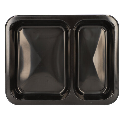 A black Starpak 50 microwave tray food tray made of PP with two compartments (one large, one small) is depicted from above on a white background – ideal for convenient, reusable meal preparation in the microwave.
