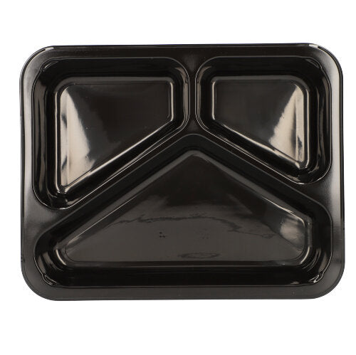 The Starpak 50 microwave dishes made of black PP have three compartments (two small, one large) and are ideal for reusable food storage.
