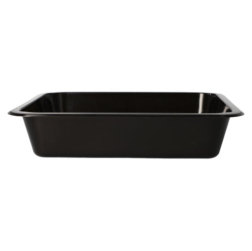 The Starpak 50 microwave dishes, PP, is a rectangular, black baking dish with slightly angled sides and a flat rim made of reusable polypropylene. Ideal for daily cooking and microwave use. Brand: Starpak. Depicted on a white background.