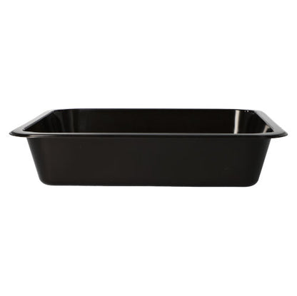 The Starpak 50 microwave dishes, PP, is a rectangular, black baking dish with slightly angled sides and a flat rim made of reusable polypropylene. Ideal for daily cooking and microwave use. Brand: Starpak. Depicted on a white background.