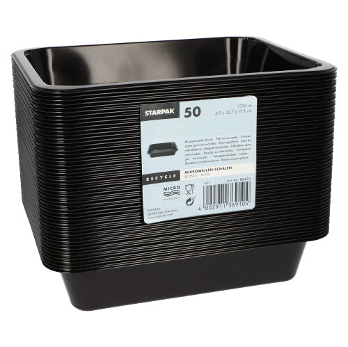 A stack of Starpak 50 microwave dishes, PP – black, square containers with a white Starpak label. Made from durable polypropylene, they appear sturdy and reusable.