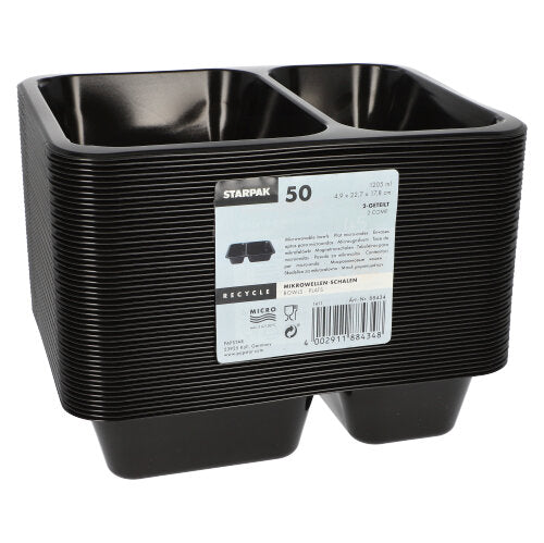 A stack of black rectangular Starpak 50 microwave trays, PP food containers from Starpak, labeled with a barcode and recycling symbols. The reusable containers are nested in two rows.