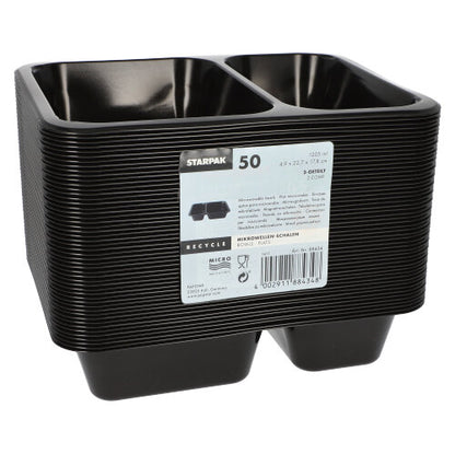 A stack of black rectangular Starpak 50 microwave trays, PP food containers from Starpak, labeled with a barcode and recycling symbols. The reusable containers are nested in two rows.
