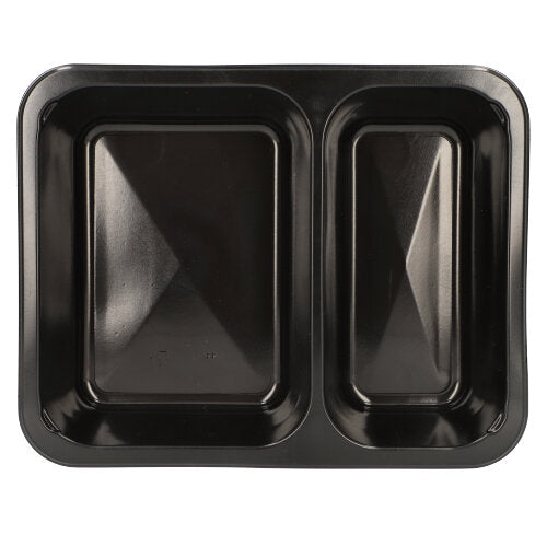 The Starpak 50 microwave trays, PP are black food containers made of polypropylene with two rectangular compartments (left larger, right smaller), viewed from above on a white background. Reusable and ideal for daily use. Brand: Starpak.