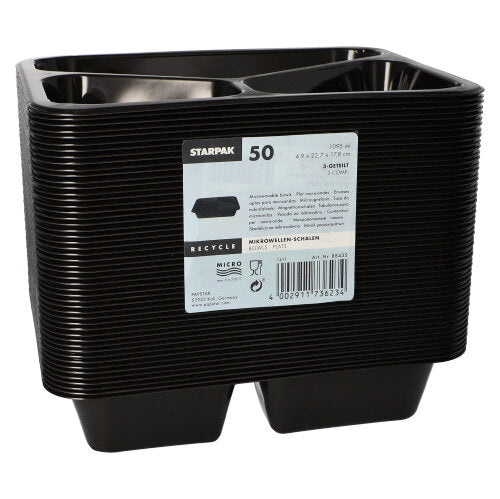 A stack of black, rectangular Starpak 50 microwave dishes, PP, with a label on the front indicating the brand Starpak, the quantity (50), the dimensions, and the barcode, marked as microwave safe.