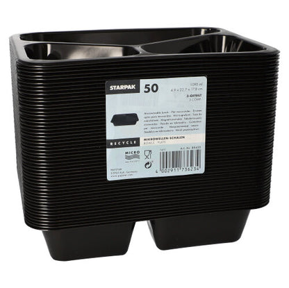 A stack of black, rectangular Starpak 50 microwave dishes, PP, with a label on the front indicating the brand Starpak, the quantity (50), the dimensions, and the barcode, marked as microwave safe.