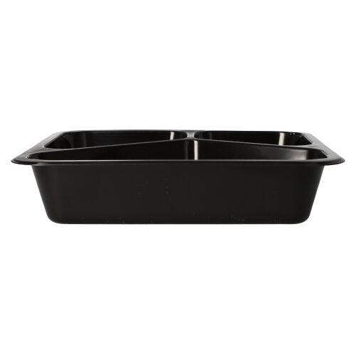 A black Starpak 50 microwave dish PP food dish with two compartments, shown from the side against a white background. This reusable dish is ideal for sustainable meal storage.