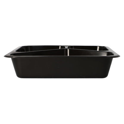A black Starpak 50 microwave dish PP food dish with two compartments, shown from the side against a white background. This reusable dish is ideal for sustainable meal storage.