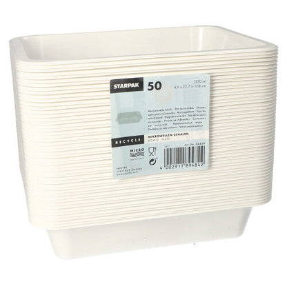 A stack of Starpak 50 microwave dishes, PP containers by Starpak, white and rectangular, with recycling information and a barcode on the front.