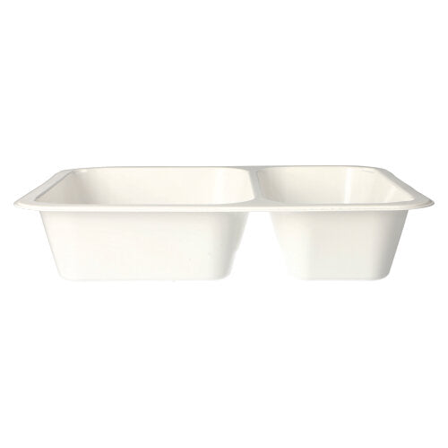 A white, rectangular Starpak 50 microwave tray made of polypropylene with two compartments is photographed against a plain white background.