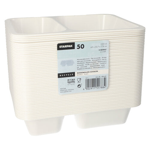 A stack of Starpak 50 microwave trays, PP – white microwave trays with two compartments – packaged in transparent film. These reusable polypropylene containers feature the Starpak brand and product information on the front.