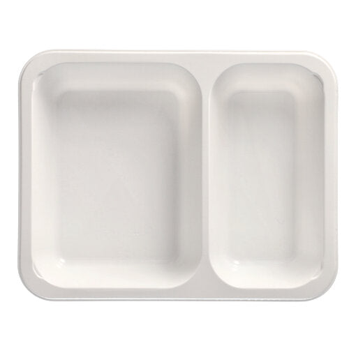 The Starpak 50 microwave trays, PP are a white, rectangular disposable food tray from Starpak with two compartments: a larger left area and a smaller right area.