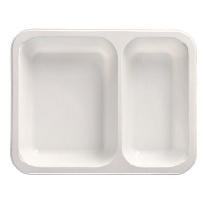 The Starpak 50 microwave trays, PP are a white, rectangular disposable food tray from Starpak with two compartments: a larger left area and a smaller right area.