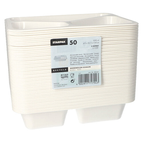 A stack of 50 Starpak microwave dishes (PP), each with a partition, with the brand "Starpak" on a gray sticker with recycling information and a barcode on the front; made from reusable polypropylene.