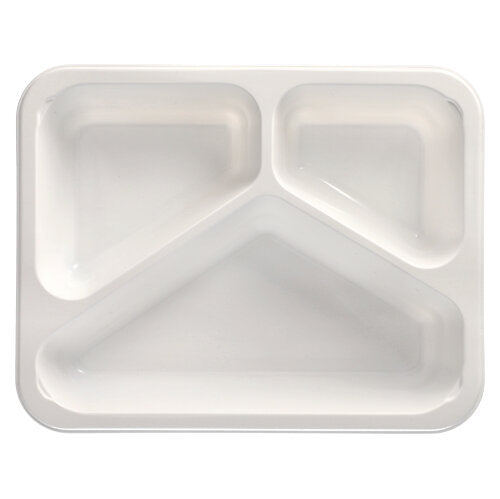 The Starpak 50 microwave dishes, PP are white, rectangular dishes made of polypropylene with three compartments – one large triangular bottom part and two smaller lid parts. Perfect as reusable microwave dishes.