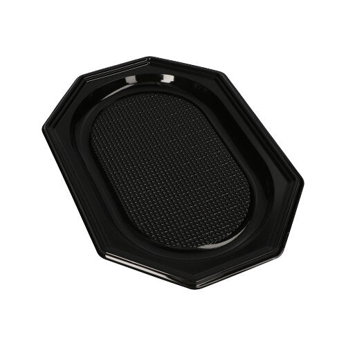 The Starpak 10 serving platters, PET black from Starpak are black, octagonal plastic bowls with a textured oval center on a white background – perfect for catering events.
