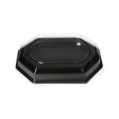 The Starpak 10 serving platters, PET black, are black, octagonal plastic bowls with a transparent PET lid, ideal for catering events. They are presented on a plain white background. Brand: Starpak.