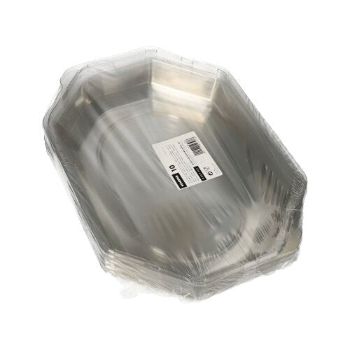 On a plain white background is a stack of Starpak 10 lids for serving platters, PET transparent, wrapped in clear plastic and provided with a white barcode label on top.