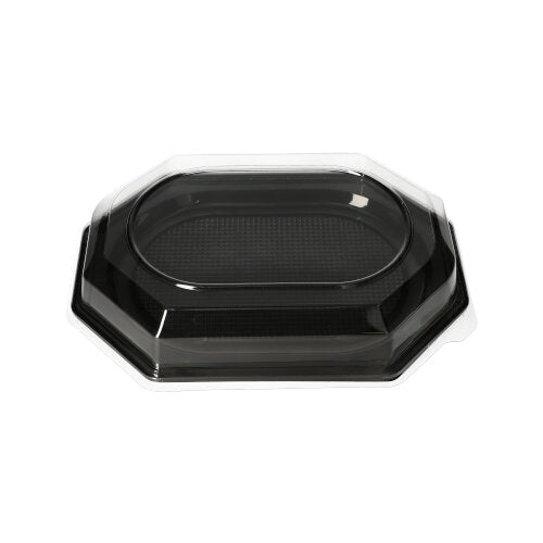 The Starpak 10 lid for serving platters is a transparent, octagonal PET lid for black, rectangular food containers made of plastic, ideal for take-away, storage, and freshness preservation. Depicted empty against a white background. Brand: Starpak.