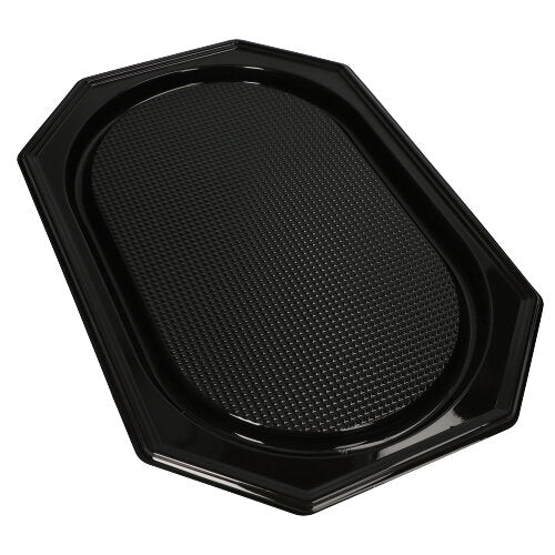 The Starpak 10 serving platters from Starpak are black, octagonal PET trays with a glossy surface, a textured oval center, and smooth, raised edges – perfect for stylish food presentation at catering events.