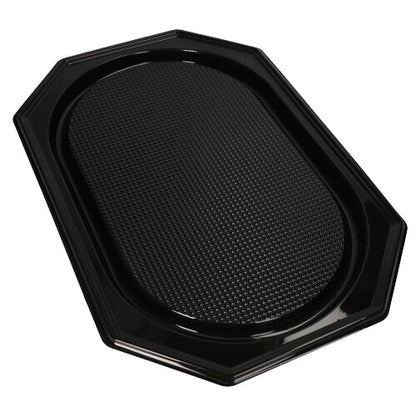 The Starpak 10 serving platters from Starpak are black, octagonal PET trays with a glossy surface, a textured oval center, and smooth, raised edges – perfect for stylish food presentation at catering events.