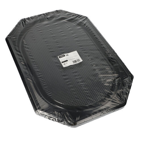 A stack of black, octagonal Starpak 10 serving platters made of PET, shrink-wrapped in clear plastic with a central label – perfect for catering events.