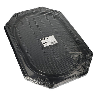 A stack of black, octagonal Starpak 10 serving platters made of PET, shrink-wrapped in clear plastic with a central label – perfect for catering events.