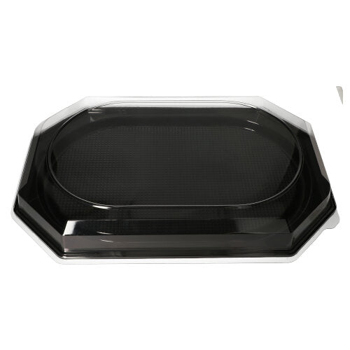 A Starpak 10 serving platter, PET black tray from Starpak with a transparent PET lid, black and rectangular with rounded edges and a raised rim – perfect for catering events, depicted on a white background.