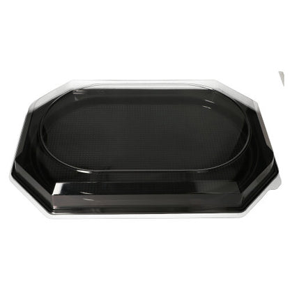 A Starpak 10 serving platter, PET black tray from Starpak with a transparent PET lid, black and rectangular with rounded edges and a raised rim – perfect for catering events, depicted on a white background.