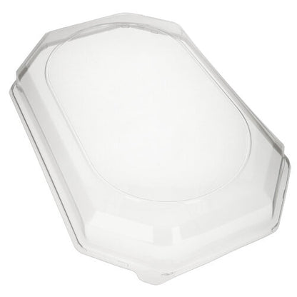 The Starpak 10 lid for serving platters made of transparent PET is an octagonal lid with slightly raised edges for effective freshness preservation. Its smooth, clear surface stands out against a white background.