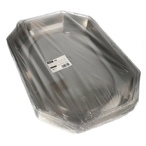 A stack of oval Starpak 10 lids for serving platters from Starpak made of transparent PET, wrapped in clear plastic with a barcode and product information sticker on top, ensures optimal freshness for serving trays with angled edges.